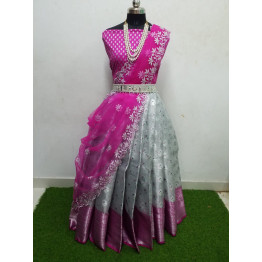 Tissue Banarasi Lehanga  (Tissue Meenakari weaving Lehangas ,with contrast blouse and contrast cut work voni) - With Beautiful Haram and Hip Belt