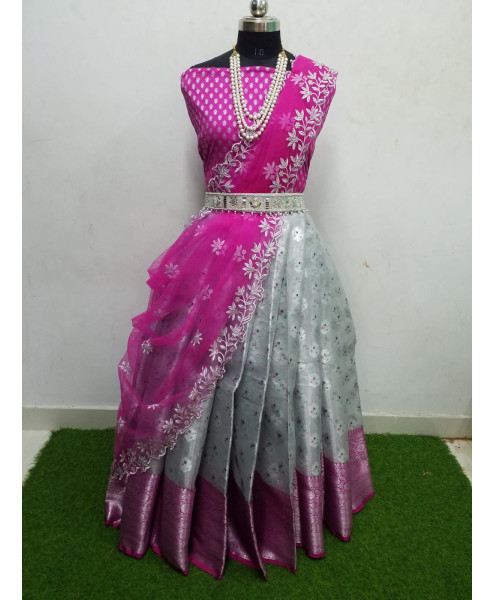 Tissue Banarasi Lehanga  (Tissue Meenakari weaving Lehangas ,with contrast blouse and contrast cut work voni) - With Beautiful Haram and Hip Belt